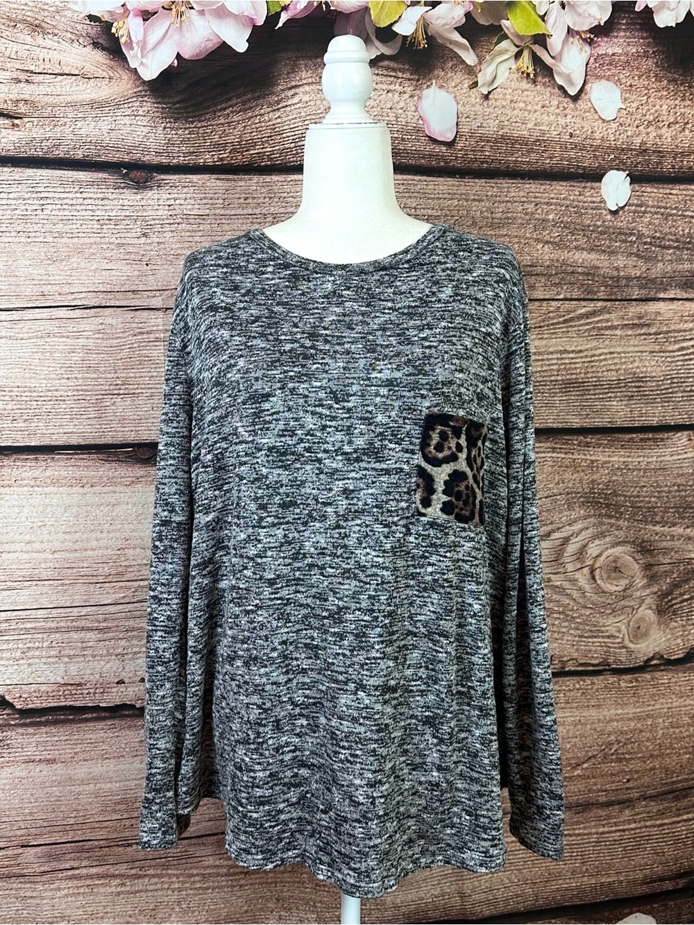 Brittany Black Women’s Rayon Gray Leopard Print Soft Sweatshirt Plus 2X